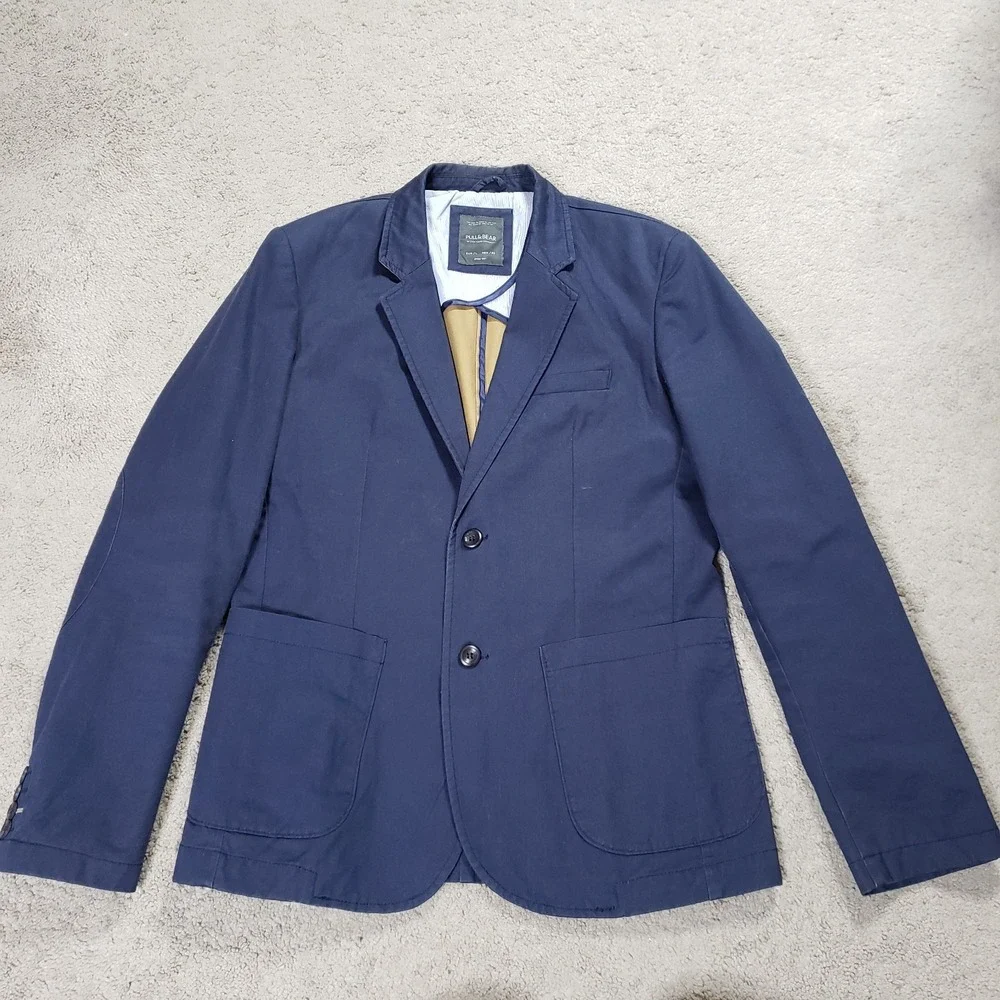 Pull&Bear Men's Blue Unstructured Blazer Jacket Large L EUR 2-Button Sport Coat‎